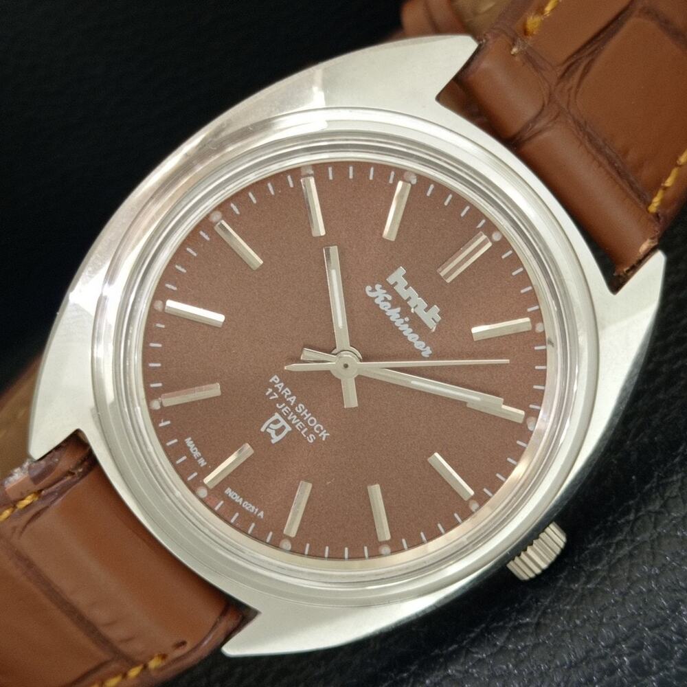 Vintage 1970 HMT Manual Wound Mens Silver Watch & Brown accents